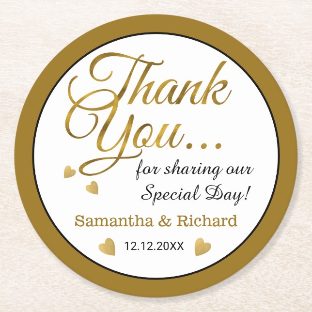 Gold Wedding Thank You Favour Name Personalised  Round Paper Coaster (Front)