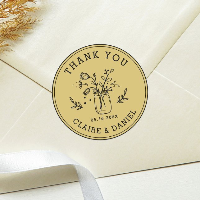Gold Wedding Thank You Mason Jar Flowers Classic  Classic Round Sticker (Creator Uploaded)