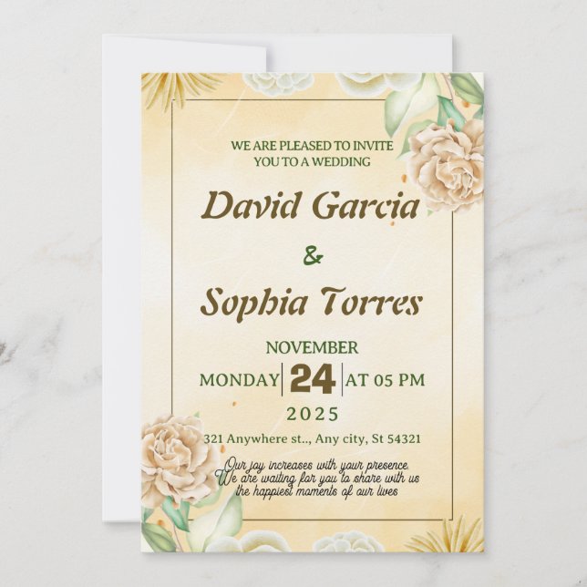 Gold wedding  with watercolour cream white flowers invitation (Front)