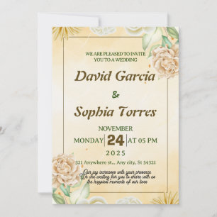 Gold wedding with watercolour cream white flowers invitation