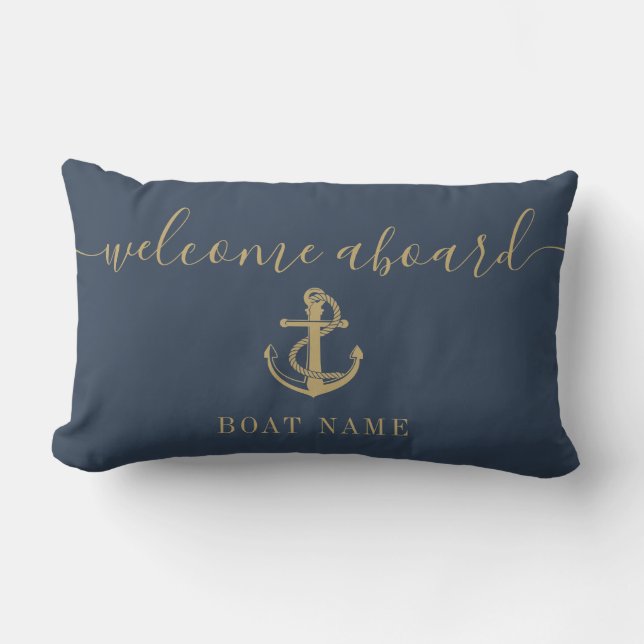 Gold Welcome Aboard Boat Name Anchor Navy Blue Lumbar Cushion (Front)