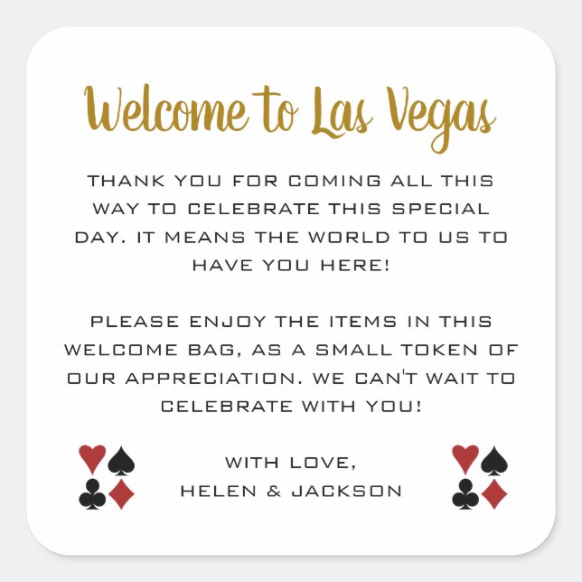 Gold Welcome to Las Vegas Wedding Welcome Basket Square Sticker (Front)