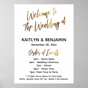Gold Welcome Wedding Timeline Order of Events Sign