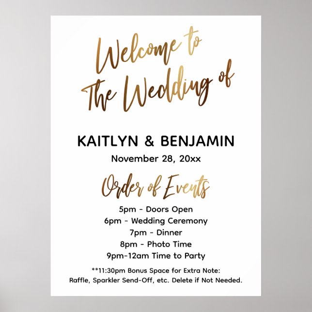 Gold Welcome Wedding Timeline Order of Events Sign (Front)