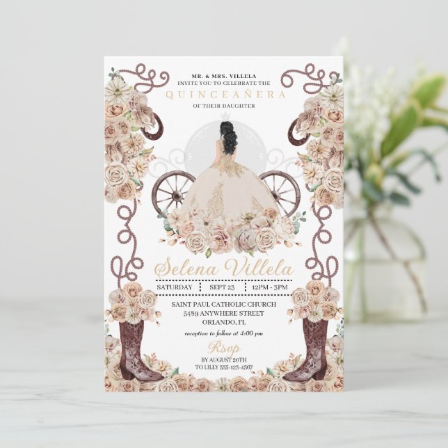 Gold Western Cinderella Carriage Quinceañera Invitation (Standing Front)