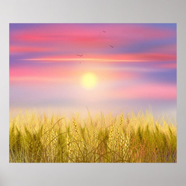 Gold Wheat Field Sunset sky Oil Painting Summer Poster (Front)