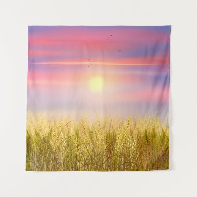 Gold Wheat Field Sunset sky Oil Painting Summer Tapestry (Front)
