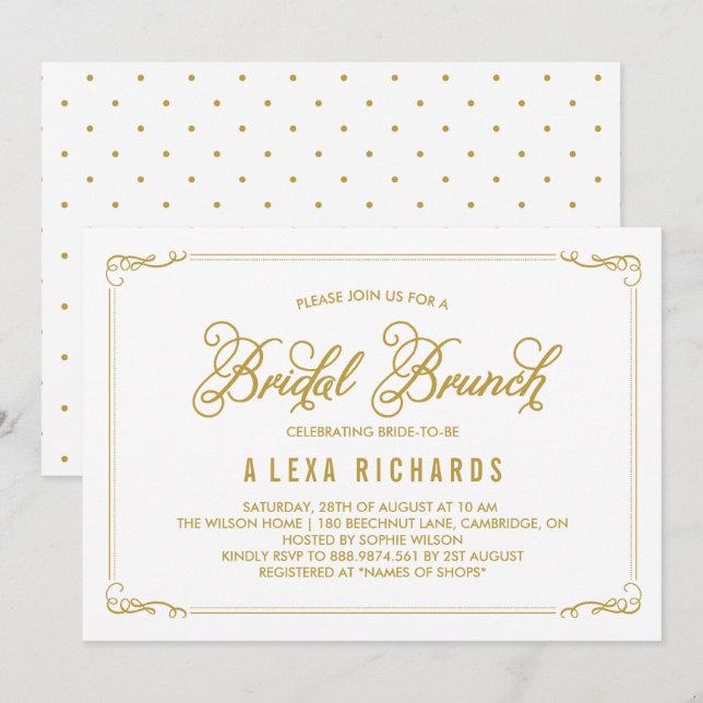 Gold Whimsical Borders Bridal Brunch Invitation (Front/Back)