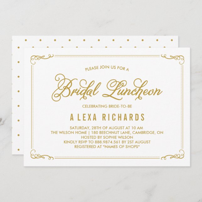 Gold Whimsical Borders Bridal Luncheon Invitation (Front/Back)