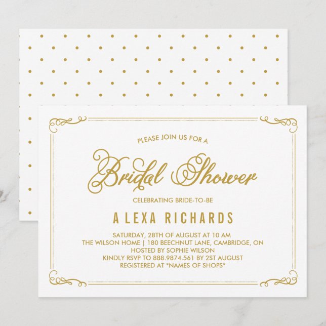 Gold Whimsical Borders Bridal Shower Invitation (Front/Back)