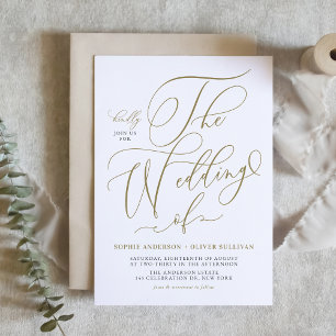 Gold Whimsical Calligraphy QR Code Wedding Invitation
