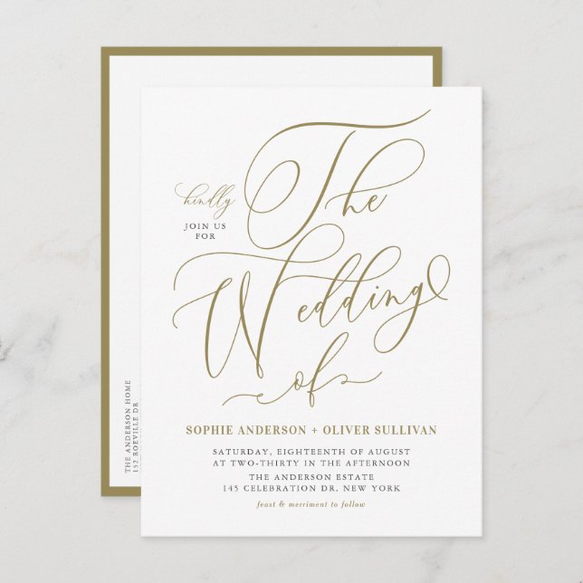 Gold Whimsical Calligraphy Wedding Invitation Postcard (Front/Back)