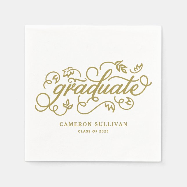 Gold Whimsical Floral Script Graduation Napkin (Front)