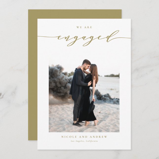 Gold Whimsical Script Photo Engagement Announcement (Front/Back)
