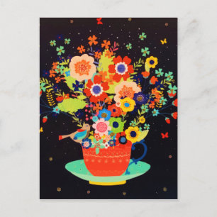 Gold Whimsical Teacup Floral Bird Glitter  Holiday Postcard