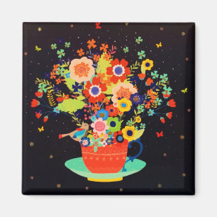Gold Whimsical Teacup Floral Bird Glitter Magnet