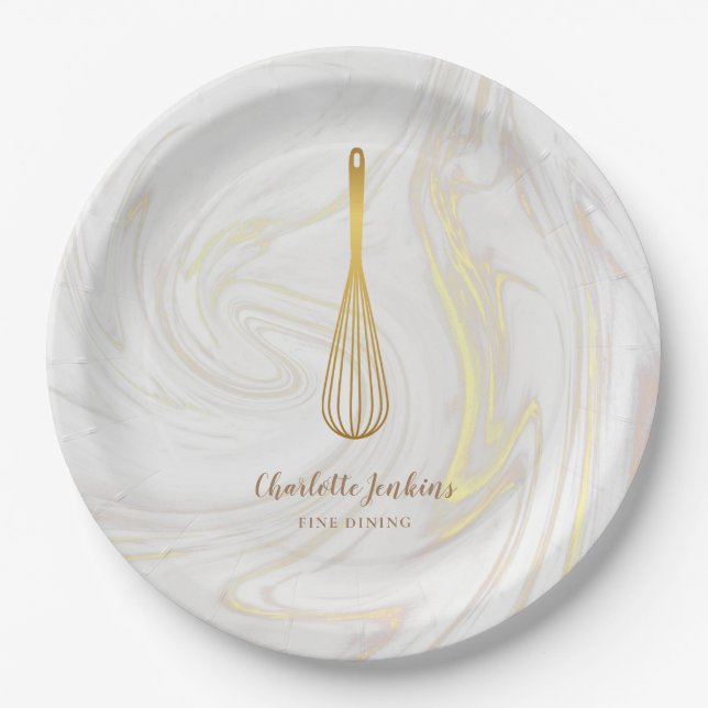 Gold Whisk Bakery Patisserie Marble Swirls Paper Plate (Front)
