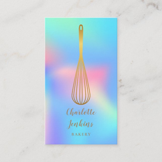 Gold Whisk Bakery Patisserie Rainbow Holographic Business Card (Front)