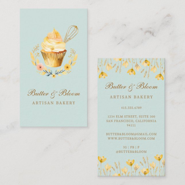 Gold Whisk & Cupcake, Baker Bakery Chef Caterer Business Card (Front/Back)