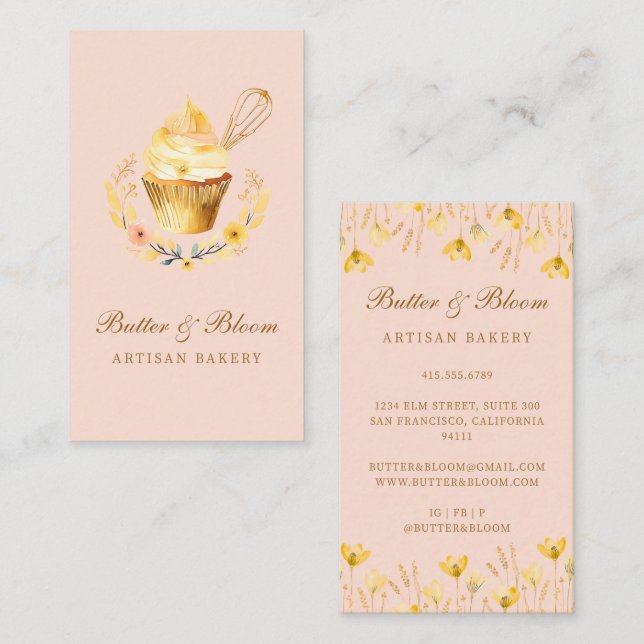 Gold Whisk & Cupcake, Baker Bakery Chef Caterer Business Card (Front/Back)