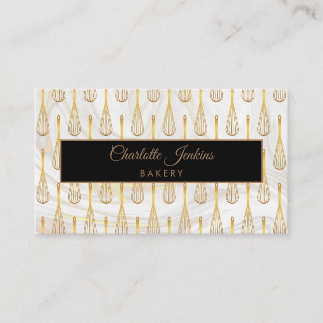 Gold Whisk Pattern Bakery Patisserie Marble Business Card (Front)