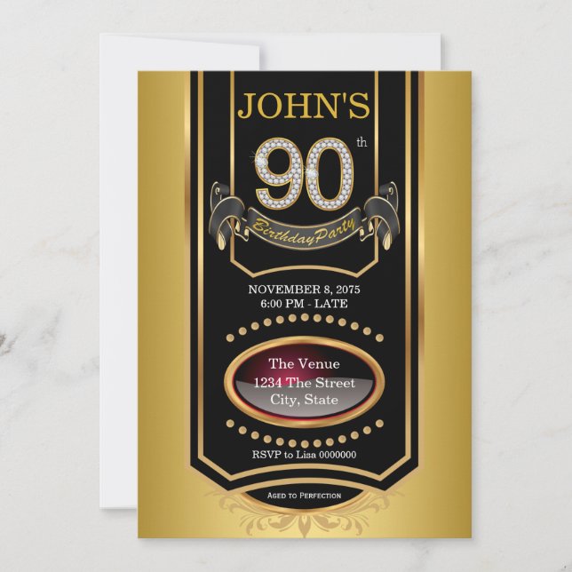 Gold Whiskey Label Mans 90th Birthday Party Invitation (Front)