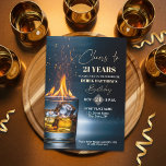 Gold Whiskey Theme Adult Men 21st Birthday Party Invitation<br><div class="desc">A modern design featuring a gold whiskey glass with burning fire,  sparks and ice and elegant calligraphy on a dark blue background. Customize the details for a cool Birthday Celebration.</div>