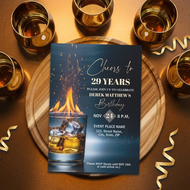Gold Whiskey Theme Men 29th Birthday Party Invitation (Creator Uploaded)