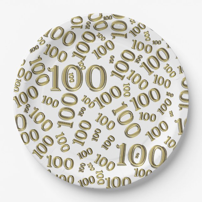 Gold/White 100th Birthday Party Number Pattern Paper Plate (Front)