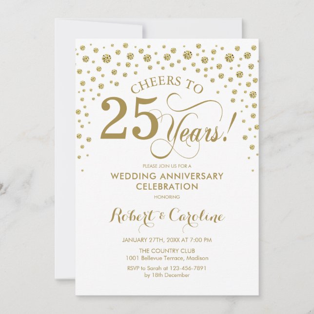 Gold White 25th Anniversary Celebration Invitation (Front)