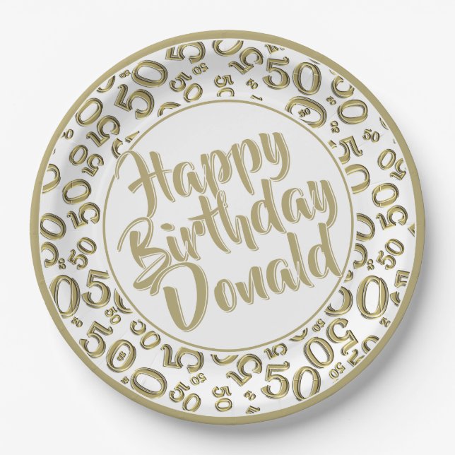  Gold/White 50th Random Number Pattern Paper Plate (Front)