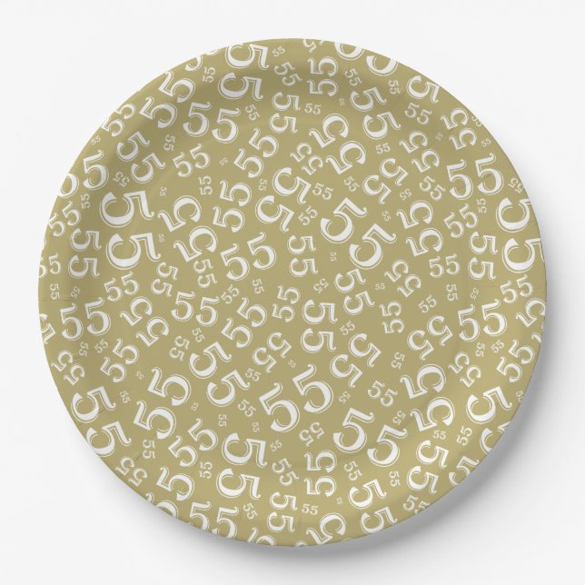  Gold/White 55th Random Number Pattern Paper Plate (Front)