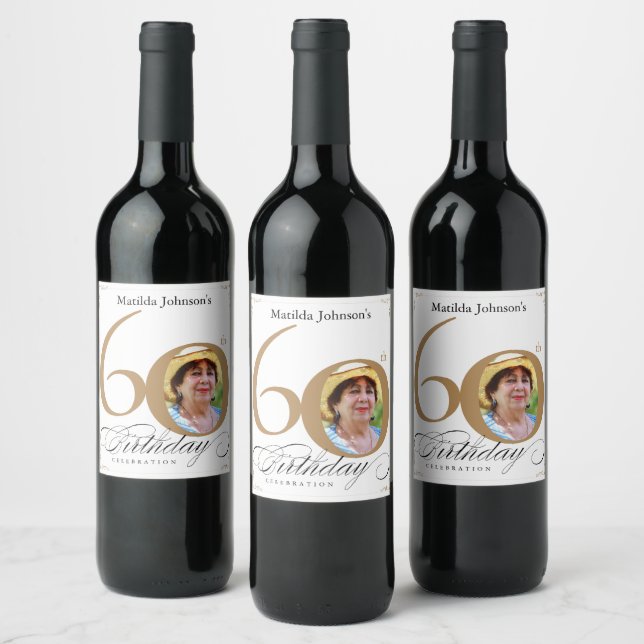 Gold White 60th Birthday Calligraphy Elegant Photo Wine Label (Bottles)