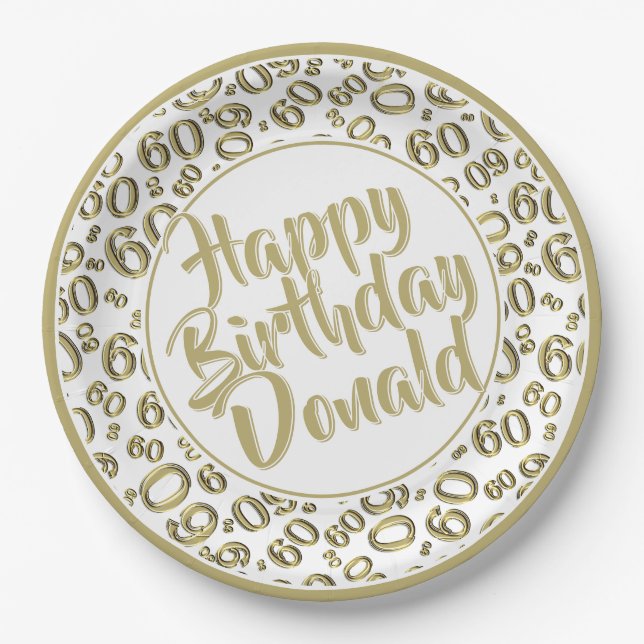 Gold/White 60th Random Number Pattern Paper Plate (Front)