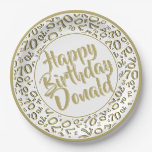 Gold/White 70th Random Number Pattern Paper Plate