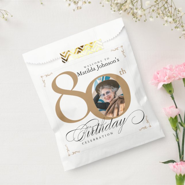Gold White 80th Birthday Calligraphy Custom Photo Favour Bags (Sealed)