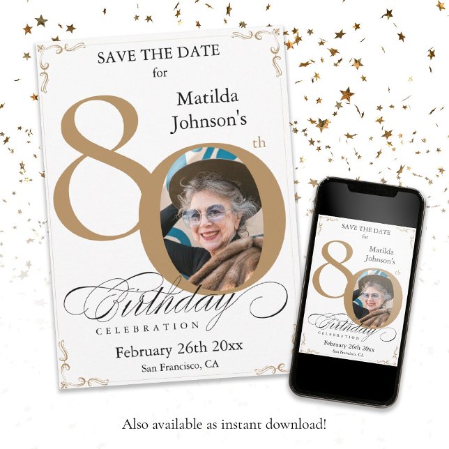 Gold White 80th Birthday Save The Date  Invitation (80th Birthday Gold White Save The Date Custom Invitation)