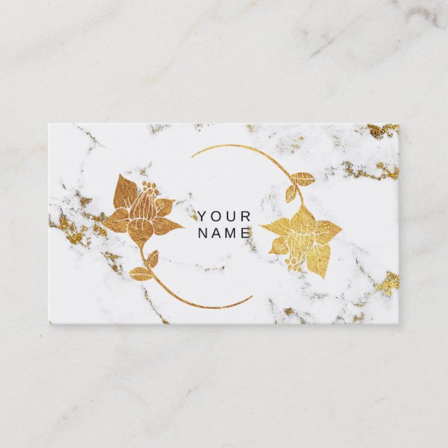 Gold White Abstract Marble Stone Florals Business Card (Front)