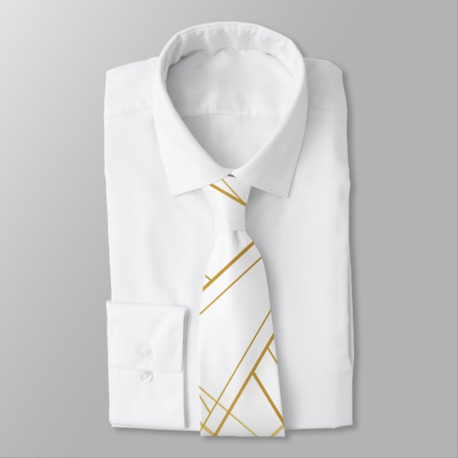 Gold White Abstract Stripes Tie (Tied)