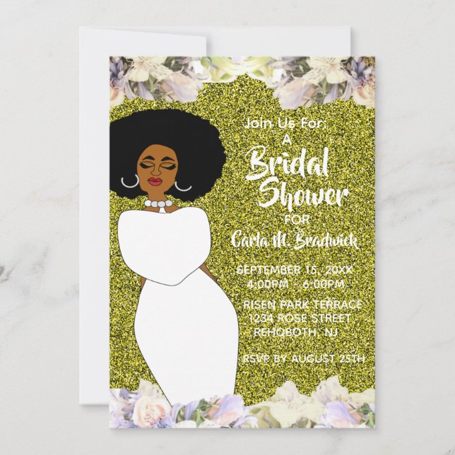 Gold & White African American Bridal Shower   Invitation (Front)