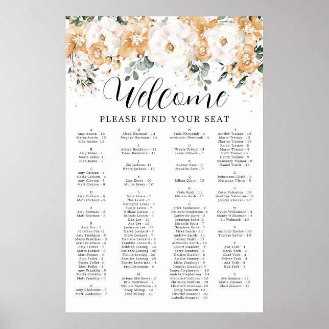 Gold White Alphabetical Quinceanera Seating Chart (Front)