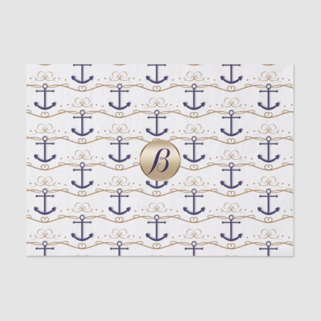 Gold White Anchors Nautical Monogram Modern Party Tissue Paper (Front)