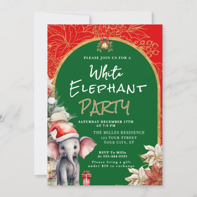 Gold, White And Green White Elephant Gift Exchange Invitation (Front)