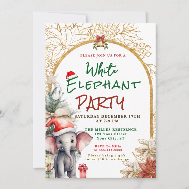 Gold, White And Green White Elephant Gift Exchange Invitation (Front)