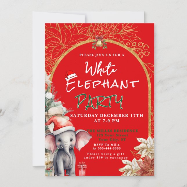 Gold, White And Green White Elephant Gift Exchange Invitation (Front)