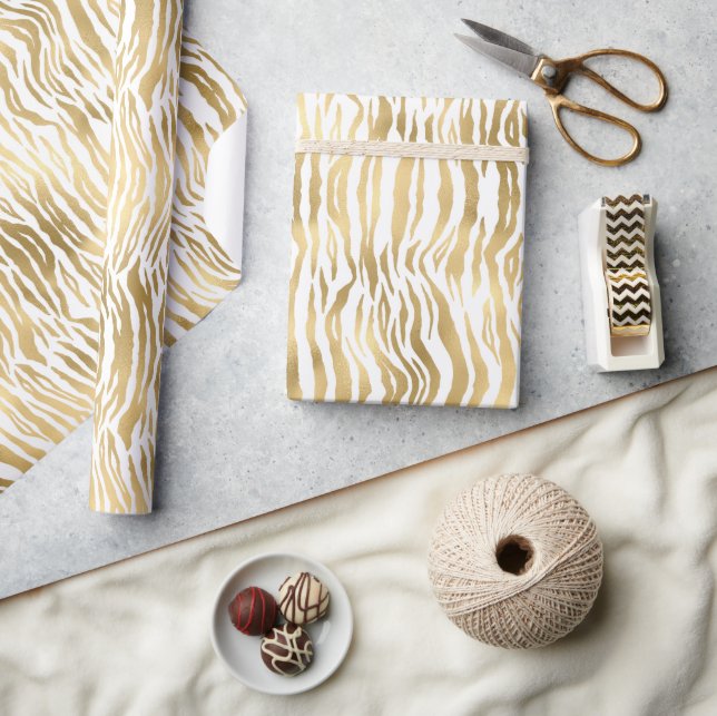 GOLD WHITE ANIMAL PRINT BIRTHDAY WEDDING WRAP WRAPPING PAPER (Crafts)