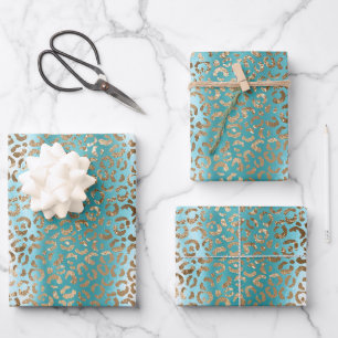 Gold White Aqua Blue Leopard Print Birthday Wrapping Paper Sheet