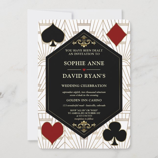 Gold White Art Deco Casino QR Code Gatsby Wedding  Invitation (Front)