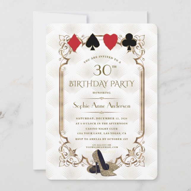Gold White Art Deco Casino Vegas Poker Birthday Invitation (Front)