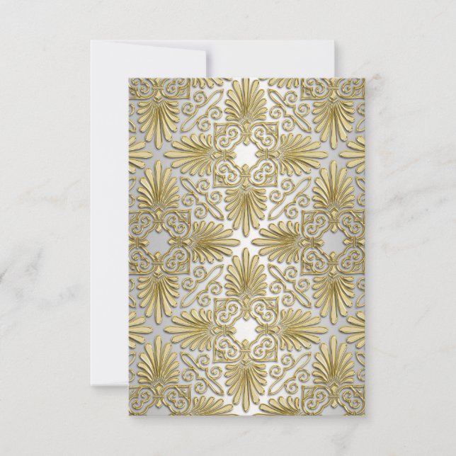 Gold White Art Deco Damask RSVP 2 Card (Front)